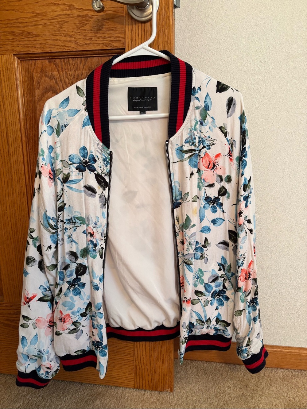Sanctuary White Floral Bomber Jacket with Blue & Coral Accents